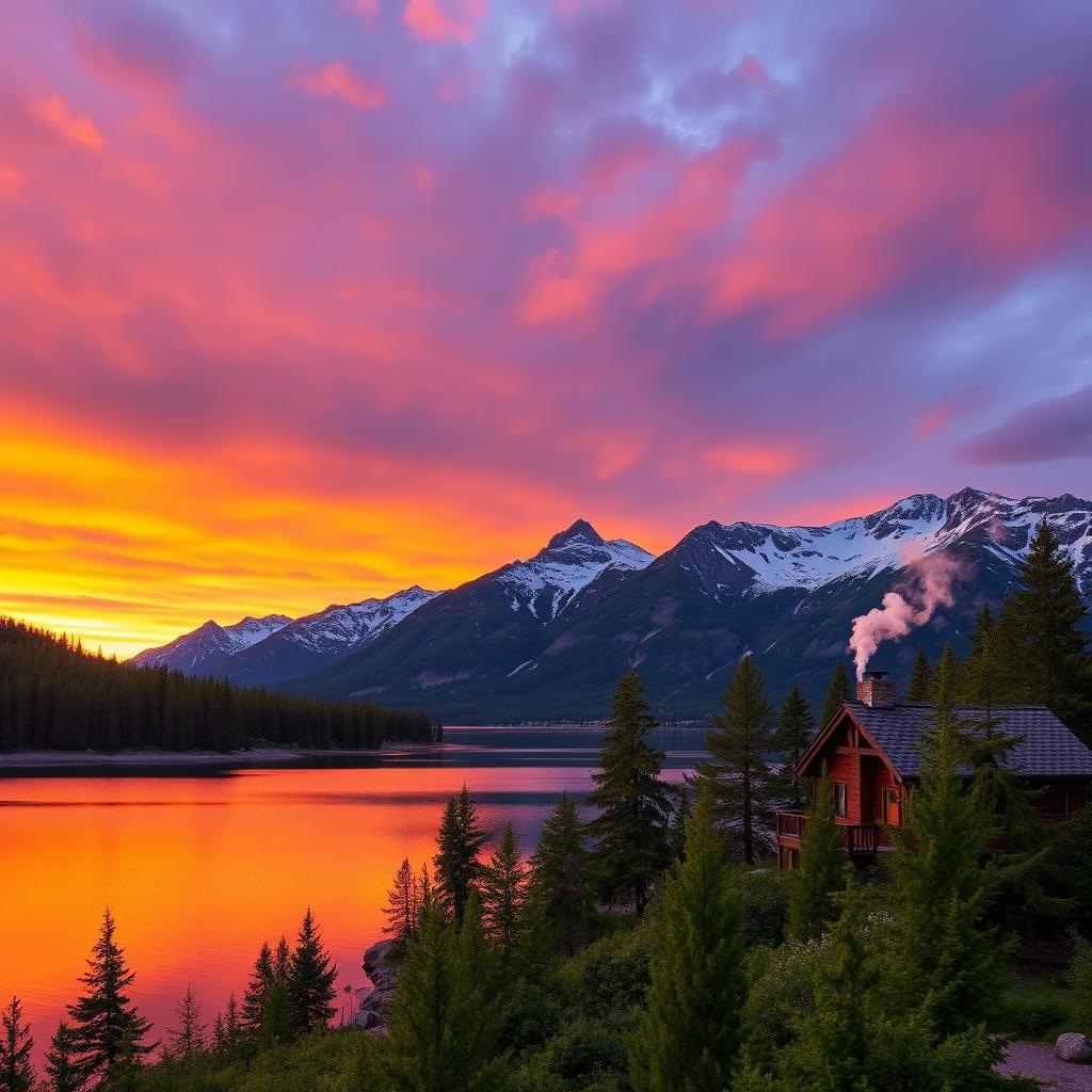 A picturesque mountain landscape during sunset, showcasing vibrant orange and purple hues in the sky