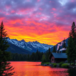 A picturesque mountain landscape during sunset, showcasing vibrant orange and purple hues in the sky