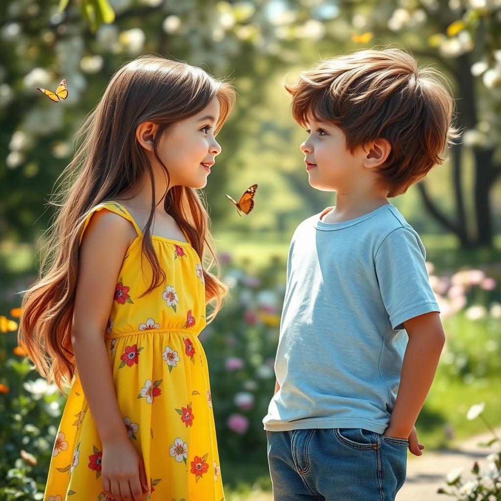 A heartwarming scene of a girl and boy gazing into each other's eyes with affection and curiosity