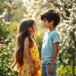 A heartwarming scene of a girl and boy gazing into each other's eyes with affection and curiosity