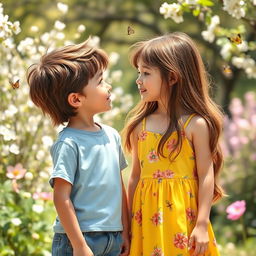 A heartwarming scene of a girl and boy gazing into each other's eyes with affection and curiosity