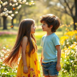 A heartwarming scene of a girl and boy gazing into each other's eyes with affection and curiosity
