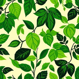 A vibrant batik pattern featuring leaf motifs in shades of green