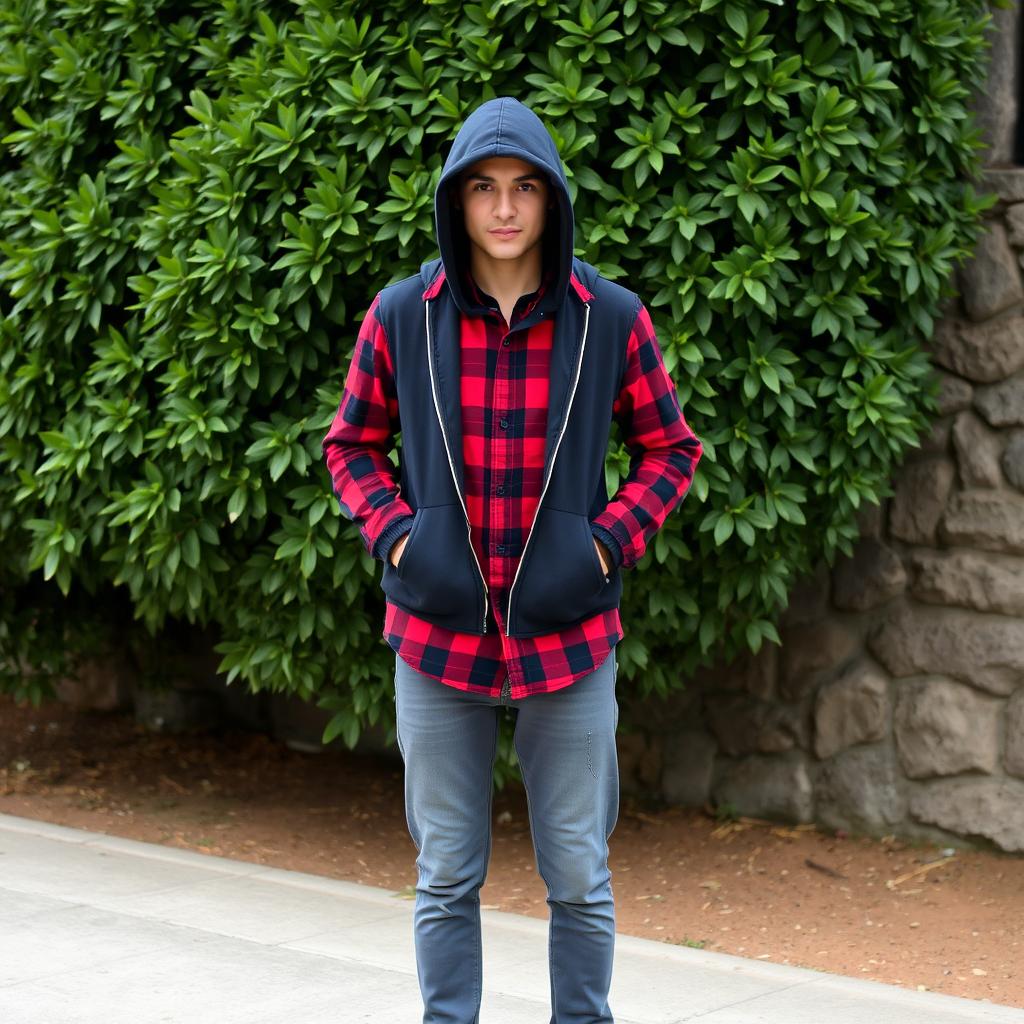 A person standing outdoors wearing a dark hoodie underneath a red and black plaid shirt, paired with grey jeans and black shoes