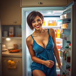 A sexy 34-year-old woman with short brunette hair, wearing a blue nightie with a plunging neckline, is looking into an open refrigerator