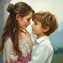 A beautiful and intimate painting of a girl and a boy gazing into each other's eyes, capturing a moment of connection and tenderness