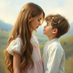 A beautiful and intimate painting of a girl and a boy gazing into each other's eyes, capturing a moment of connection and tenderness