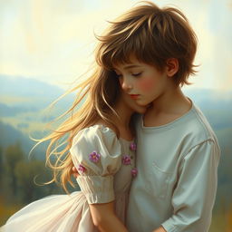A beautiful and intimate painting of a girl and a boy gazing into each other's eyes, capturing a moment of connection and tenderness