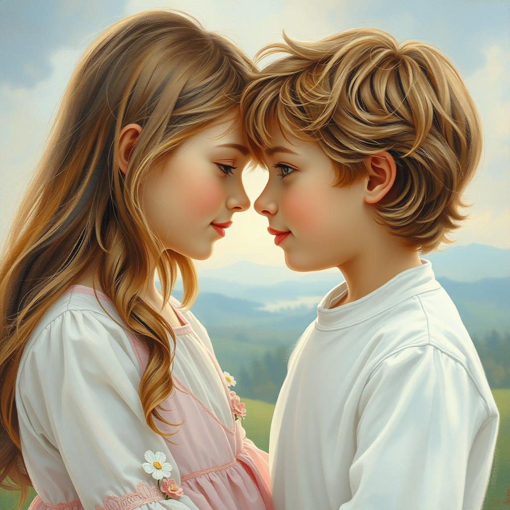 A beautiful and intimate painting of a girl and a boy gazing into each other's eyes, capturing a moment of connection and tenderness