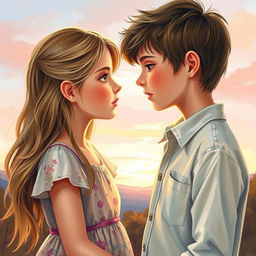 A beautiful painting of a girl and boy gazing into each other's eyes, showcasing a profound connection
