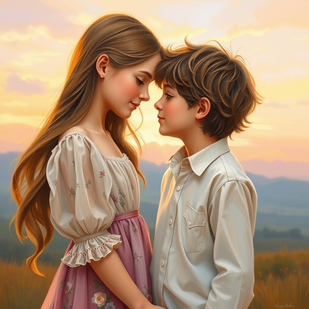 A beautiful painting of a girl and boy gazing into each other's eyes, showcasing a profound connection