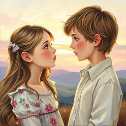A beautiful painting of a girl and boy gazing into each other's eyes, showcasing a profound connection