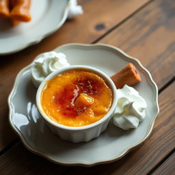 A beautifully styled plate featuring a dessert of sweet potato crème brûlée, with a glossy caramelized sugar top forming a perfect crack, garnished with a sprinkle of cinnamon and a dollop of whipped cream on the side