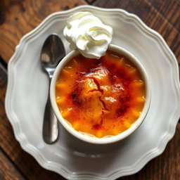 A beautifully styled plate featuring a dessert of sweet potato crème brûlée, with a glossy caramelized sugar top forming a perfect crack, garnished with a sprinkle of cinnamon and a dollop of whipped cream on the side