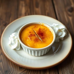 A beautifully styled plate featuring a dessert of sweet potato crème brûlée, with a glossy caramelized sugar top forming a perfect crack, garnished with a sprinkle of cinnamon and a dollop of whipped cream on the side