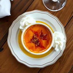 A beautifully styled plate featuring a dessert of sweet potato crème brûlée, with a glossy caramelized sugar top forming a perfect crack, garnished with a sprinkle of cinnamon and a dollop of whipped cream on the side