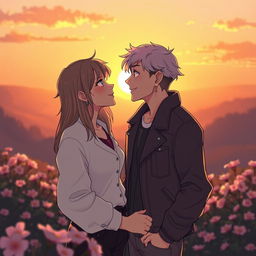 A romantic scene featuring two individuals gazing into each other's eyes, radiating love and connection