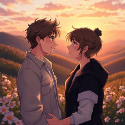 A romantic scene featuring two individuals gazing into each other's eyes, radiating love and connection
