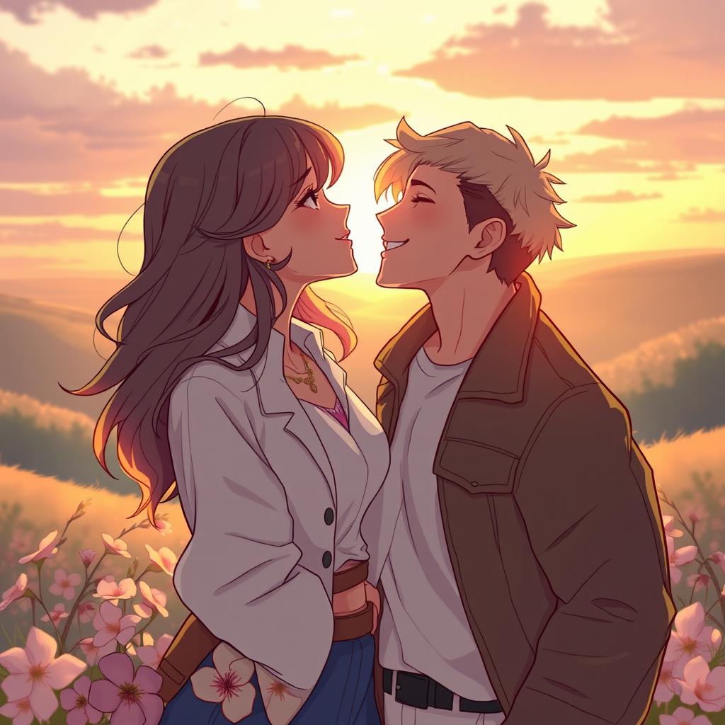 A romantic scene featuring two individuals gazing into each other's eyes, radiating love and connection