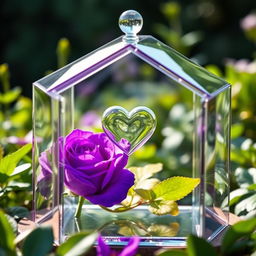 A transparent glass house beautifully designed, featuring a vibrant violet rose delicately placed inside the house