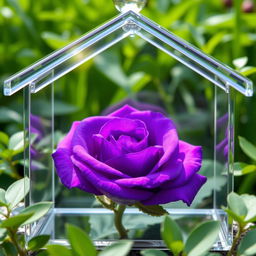 A transparent glass house beautifully designed, featuring a vibrant violet rose delicately placed inside the house