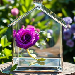 A transparent glass house beautifully designed, featuring a vibrant violet rose delicately placed inside the house