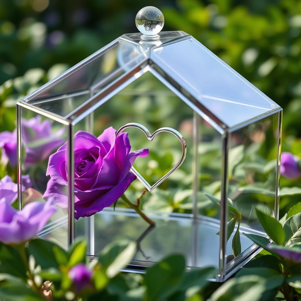 A transparent glass house beautifully designed, featuring a vibrant violet rose delicately placed inside the house