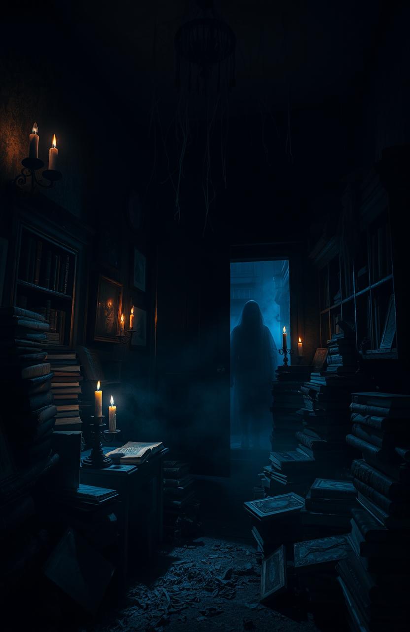 A mysterious and eerie atmosphere as shadows dance along the walls of a dimly lit room, with faint whispers echoing through the air