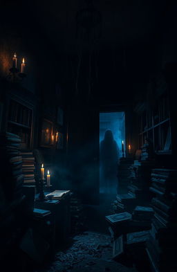 A mysterious and eerie atmosphere as shadows dance along the walls of a dimly lit room, with faint whispers echoing through the air