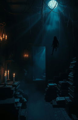 A mysterious and eerie atmosphere as shadows dance along the walls of a dimly lit room, with faint whispers echoing through the air