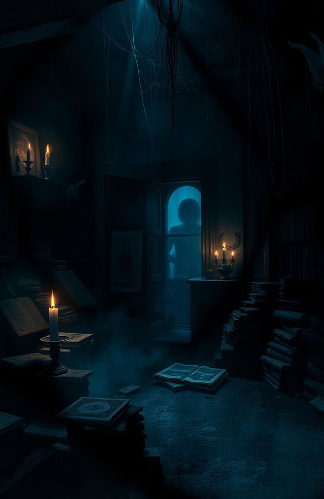 A mysterious and eerie atmosphere as shadows dance along the walls of a dimly lit room, with faint whispers echoing through the air