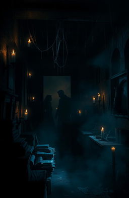 A mysterious and eerie atmosphere as shadows dance along the walls of a dimly lit room, with faint whispers echoing through the air