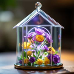 A beautiful miniature transparent glass house, intricately designed, showcasing a charming heart shape inside