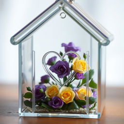 A beautiful miniature transparent glass house, intricately designed, showcasing a charming heart shape inside