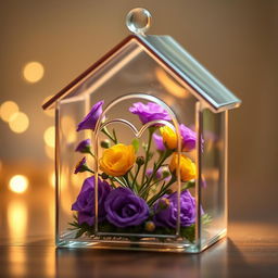 A beautiful miniature transparent glass house, intricately designed, showcasing a charming heart shape inside