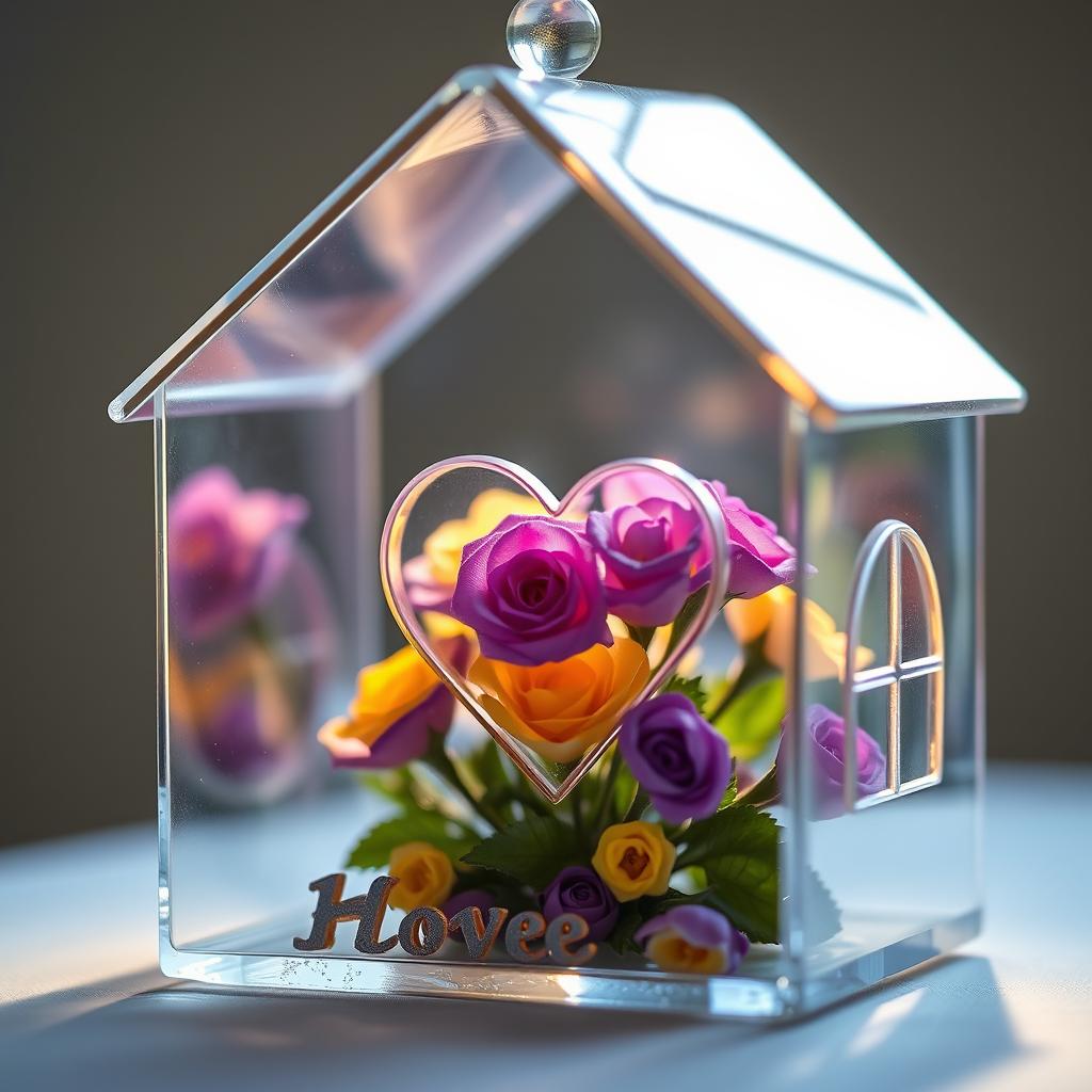 A beautiful miniature transparent glass house, intricately designed, showcasing a charming heart shape inside