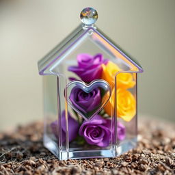A beautiful miniature transparent glass house featuring an intricate design, with a delicate heart shape carefully placed inside