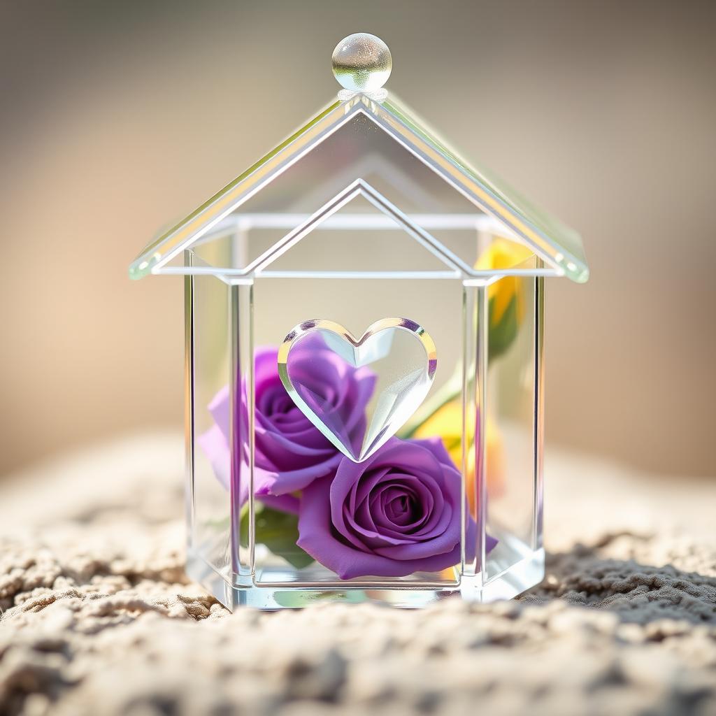 A beautiful miniature transparent glass house featuring an intricate design, with a delicate heart shape carefully placed inside