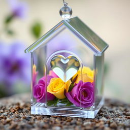 A beautiful miniature transparent glass house featuring an intricate design, with a delicate heart shape carefully placed inside