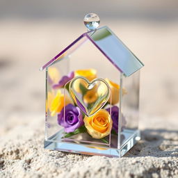 A beautiful miniature transparent glass house featuring an intricate design, with a delicate heart shape carefully placed inside
