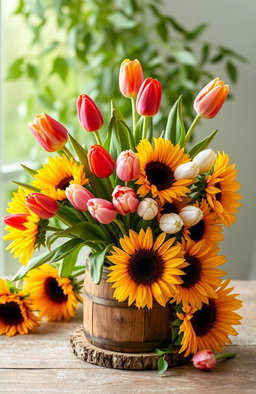 A vibrant still life featuring a beautiful arrangement of tulips and sunflowers