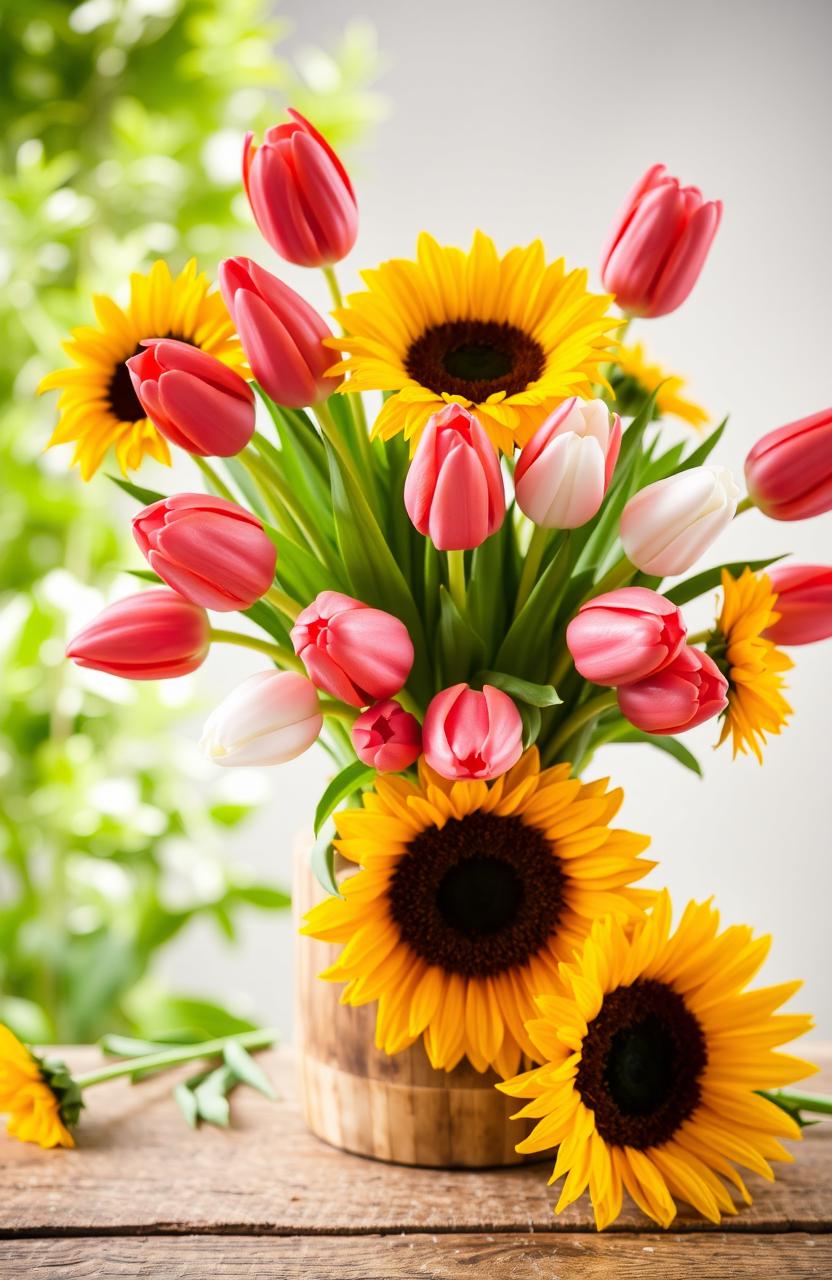 A vibrant still life featuring a beautiful arrangement of tulips and sunflowers