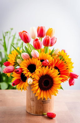 A vibrant still life featuring a beautiful arrangement of tulips and sunflowers