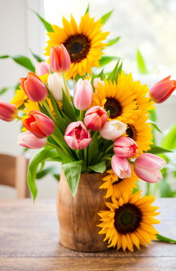 A vibrant still life featuring a beautiful arrangement of tulips and sunflowers