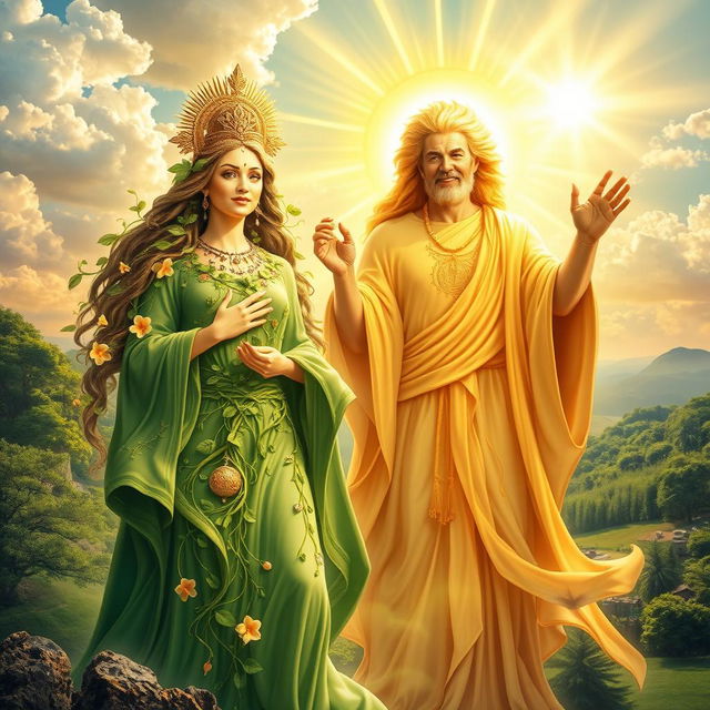 A breathtaking scene depicting Mother Earth and Father Sun as powerful and majestic figures