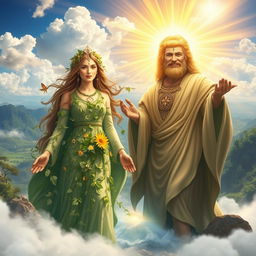 A breathtaking scene depicting Mother Earth and Father Sun as powerful and majestic figures
