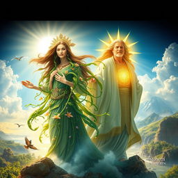 A breathtaking scene depicting Mother Earth and Father Sun as powerful and majestic figures