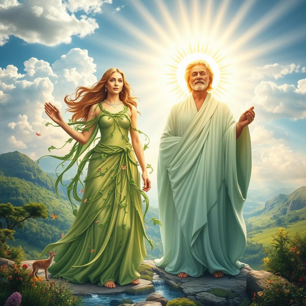 A breathtaking scene depicting Mother Earth and Father Sun as powerful and majestic figures