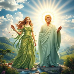 A breathtaking scene depicting Mother Earth and Father Sun as powerful and majestic figures