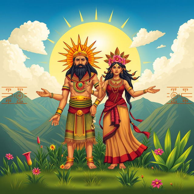 A beautifully illustrated representation of Inti, the Inca sun god, and Pachamama, the earth goddess, standing together in a vibrant Andean landscape